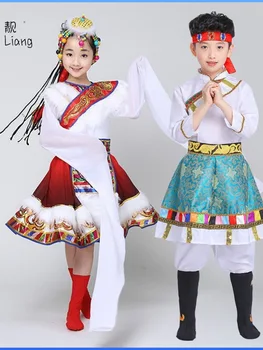 Výkon detí Oblečenie Tibetský Nový Tanec Vody Rukávy Vnútorné Mongolsko trávnych porastov Lhasa Etnických Menšín Šaty