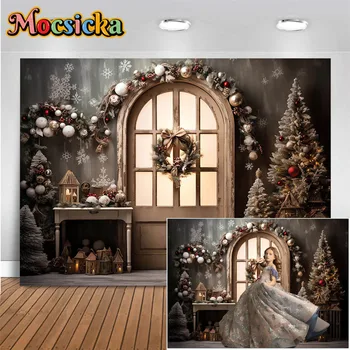 Zimné Vianočné Pozadie pre Štúdiové Fotografie Retro Zlaté Drevené Dvere Vianočný Strom Veniec Tapety Snehu Dekorácie Photobooth