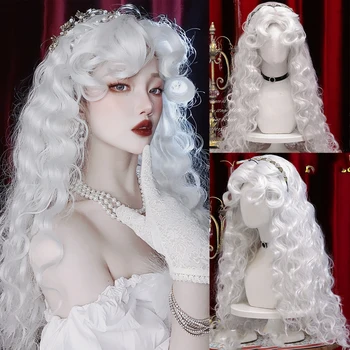 Syntetické, Syntetické parochne Dlhé vlny kučeravé biela žena cosplay Lolita parochňu žiaruvzdorné párty parochňa