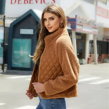 Nové navrhnuté ženy kabát dlhý rukáv jednofarebné bavlnené PU patchwork zips klope západný štýl dámy kabát na jeseň roku 2023