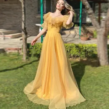 Elegantné Tylu Žltá Prom Šaty-Line Ženy 2023 Dlhé Večerné Šaty S Krátkym Rukávom Milú Formálnej Strany Šaty Vestidos De Noche