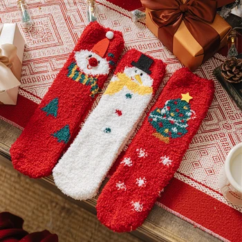 Vianočné Ponožky Ženy Coral Velvet Ponožky Pribrala Teplo Vianočné Spánku Ponožky Cartoon Snehuliaci Elk Velvet Mid-Tube Poschodí Ponožky