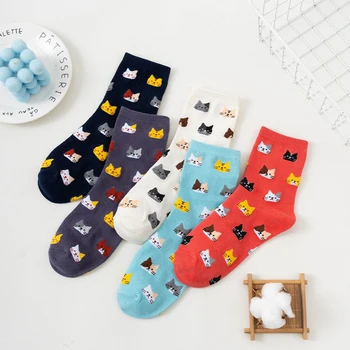 Vtipné Ženy Roztomilý Posádky Ponožky Jar Jeseň Harajuku Streetwear Candy Farby Kreslených Mačka Pruhovaný Vzor Kawaii Dievčatá Bežné Ponožky