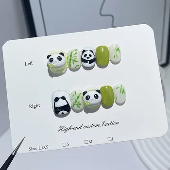 MAGO Ručné Stlačte tlačidlo na Úplné Pokrytie Profesionálne Nechty Ručne maľované bamboo panda roztomilý krátke opakovane skončil falošné nechty